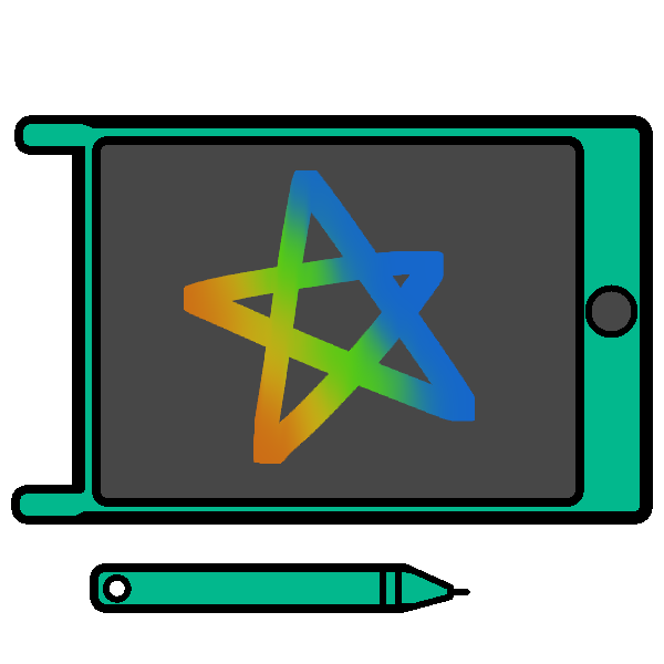 A teal LCD tablet with a star drawn on it, and a matching stylus below it.